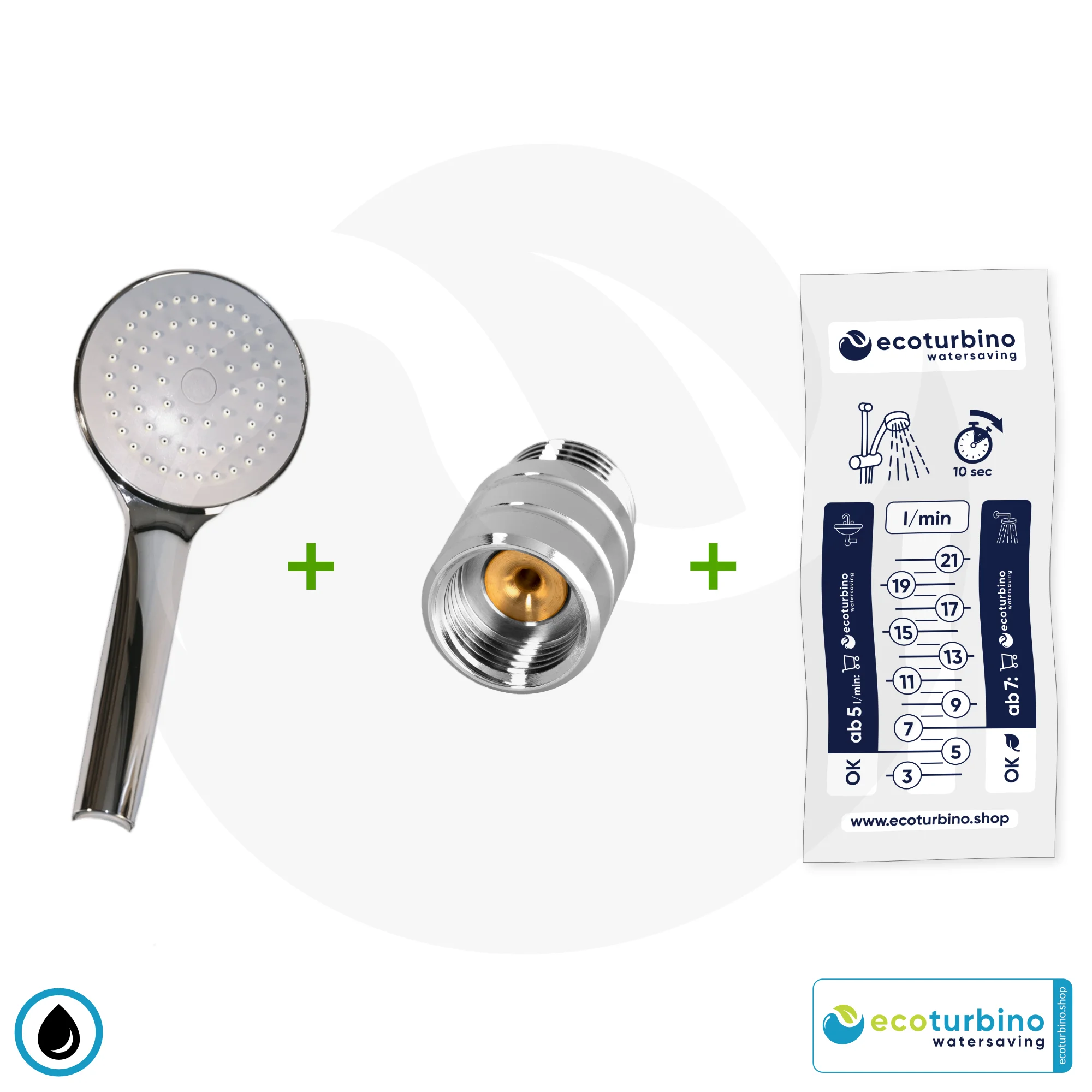 UPGRADE SET | Showerhead Shower STANDARD | ecoturbino ET10L water-saving shower adapter + shower head 4 Shower Head UPGRADE SET 10 Legio | ET10L Water Saving Adapter + Handheld Showerhead | ecoturbino®