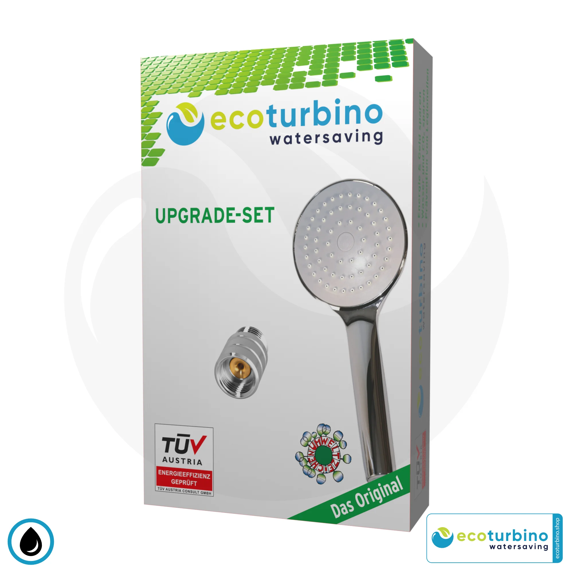 UPGRADE SET | Showerhead Shower STANDARD | ecoturbino ET10L water-saving shower adapter + shower head 3 Shower Head UPGRADE SET 10 Legio | ET10L Water Saving Adapter + Handheld Showerhead | ecoturbino®