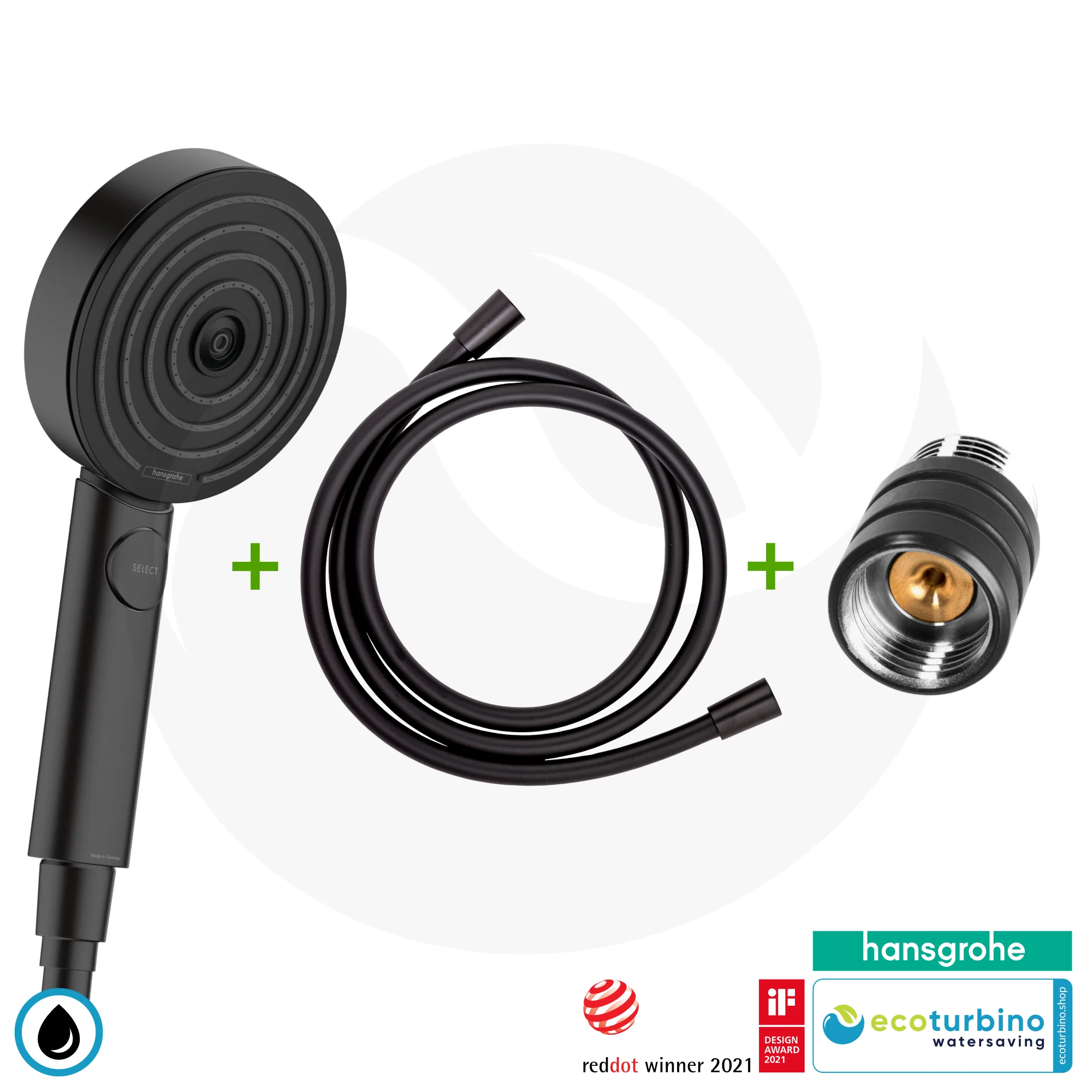 SET | hansgrohe Pulsify Select S 105 | ecoturbino ET10L water-saving adapter + shower hose + shower head 4 hansgrohe Pulsify Select S 105 Showerhead black ecoturbino set with hose