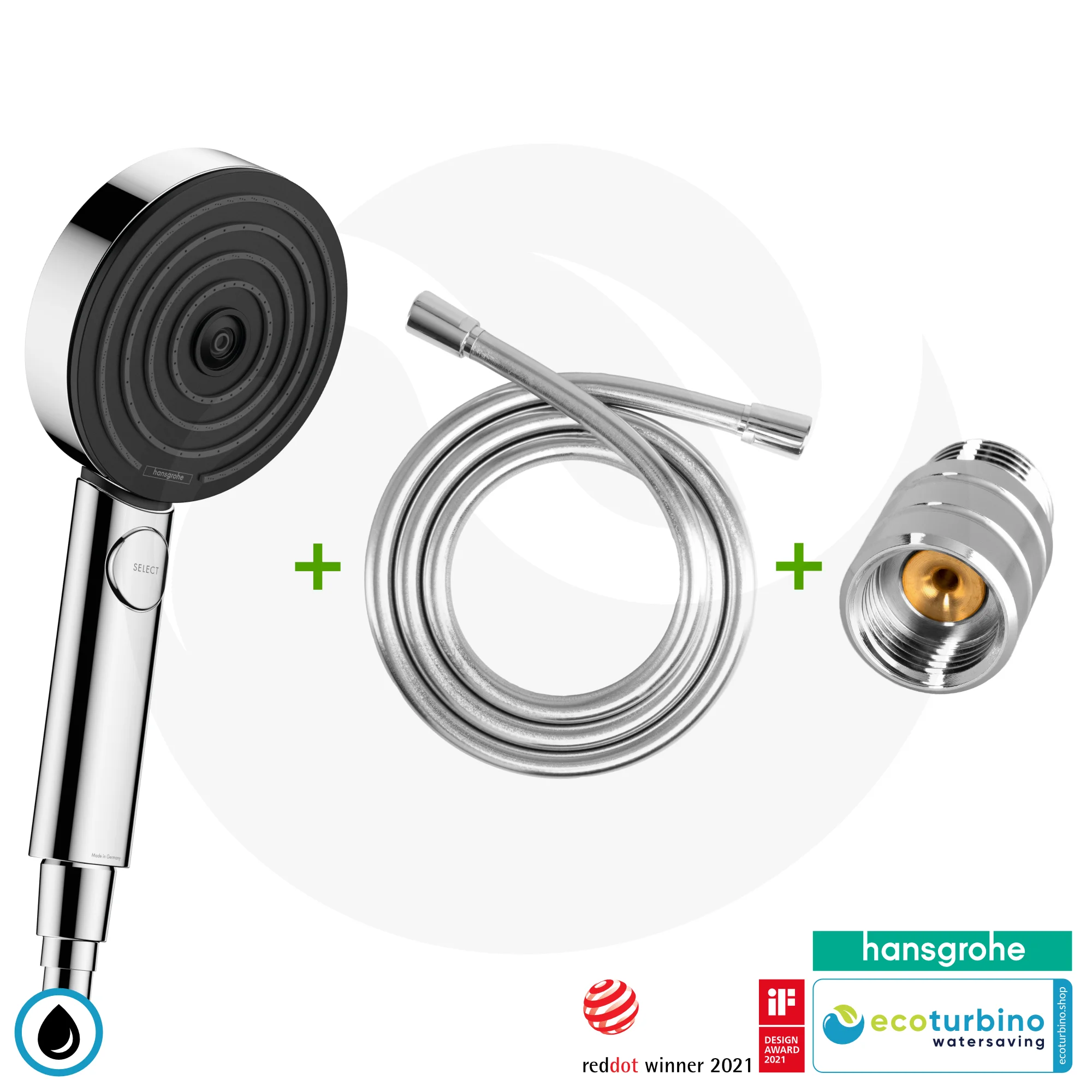 SET | hansgrohe Pulsify Select S 105 | ecoturbino ET10L water-saving adapter + shower hose + shower head 3 hansgrohe Pulsify Select S 105 Showerhead chrome ecoturbino set with hose
